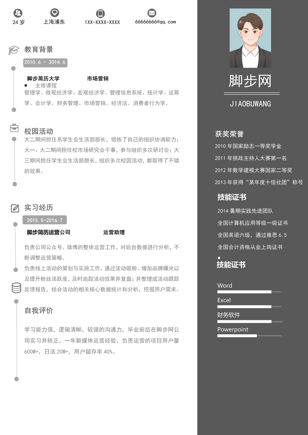 簡約灰色運營崗位個人實習求職簡歷模板下載_01.png